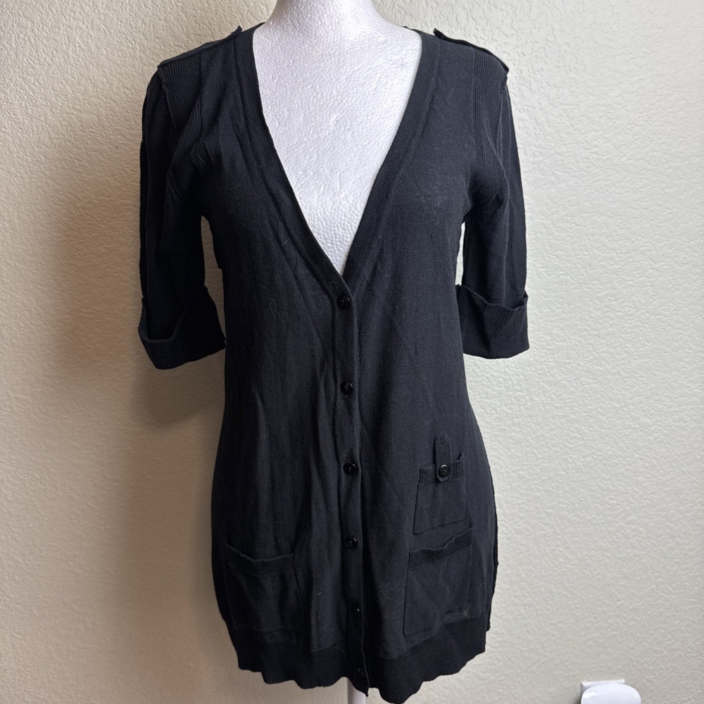 Cable &‎ Gauge Sweater Womens S Black Cardigan V Neck Short Sleeve Button Front